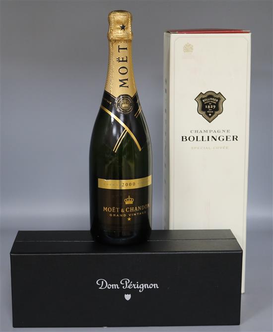 One bottle of Dom Perignon 2002, one magnum of Bollinger and one bottle of Moet & Chandon 2000